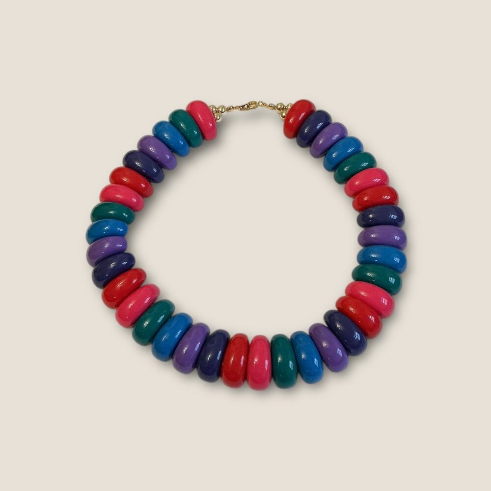 Retro 80s Chunky Multi-Color Beaded Necklace 16" Bold Statement Jewelry
